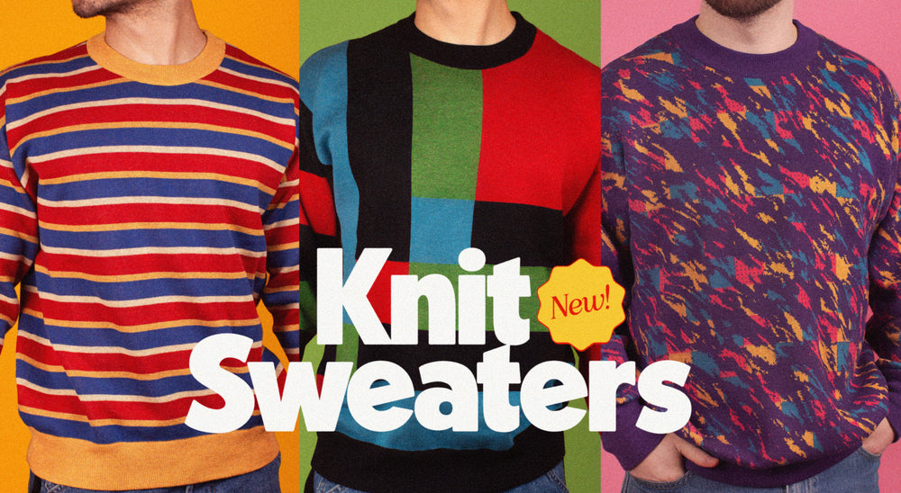 Retro style jacquard knit sweaters from Pander Shirts in fun bright vintage patterns
