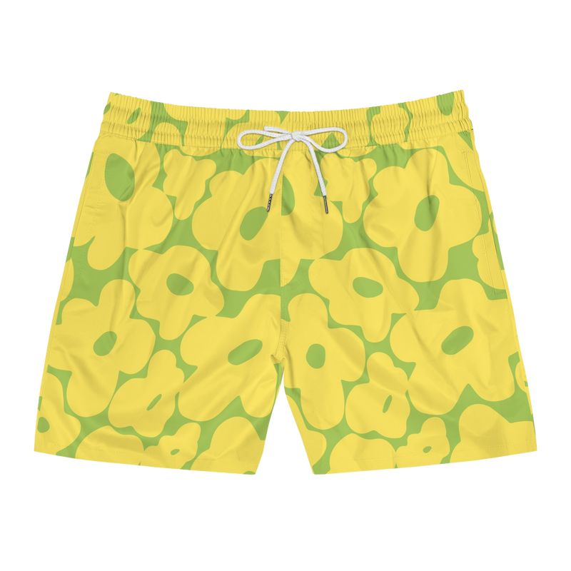 Lime Green Retro Flower Swim Trunks