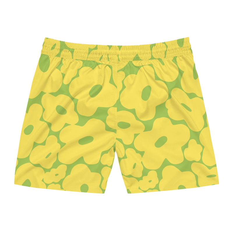 Lime Green Retro Flower Swim Trunks