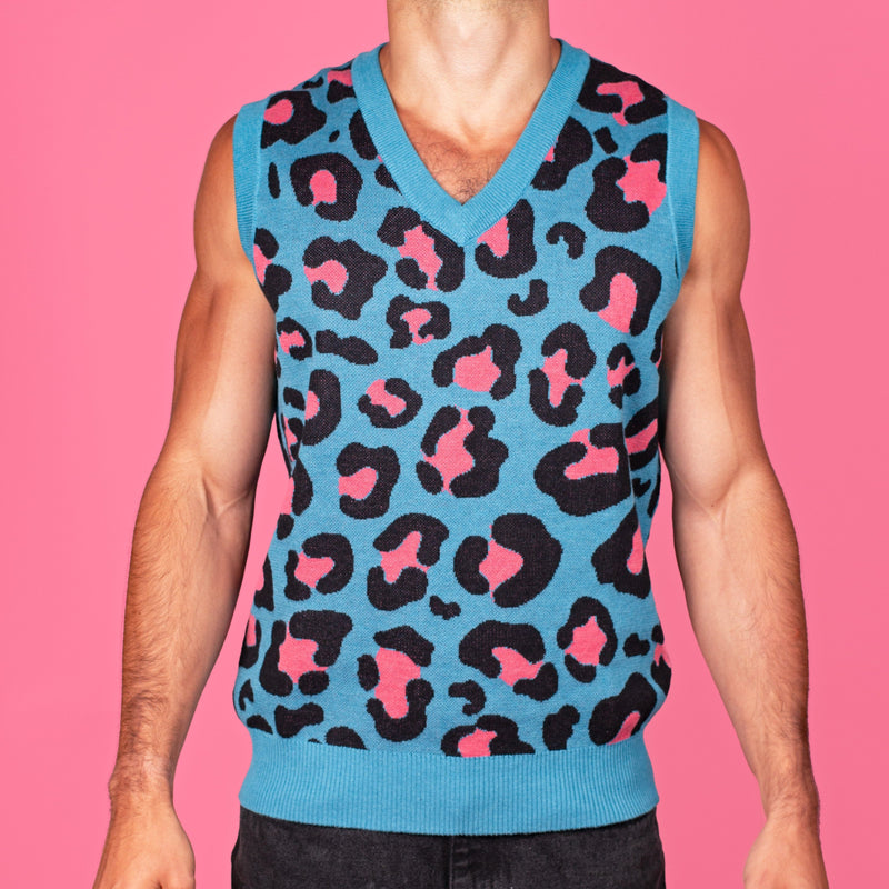 Blue & Pink Leopard Print Knit Sweater Vest