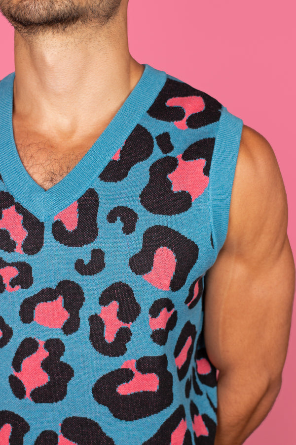 Blue & Pink Leopard Print Knit Sweater Vest