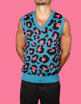 Blue & Pink Leopard Print Knit Sweater Vest