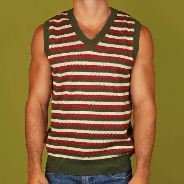 Red & Green Striped Knit Sweater Vest