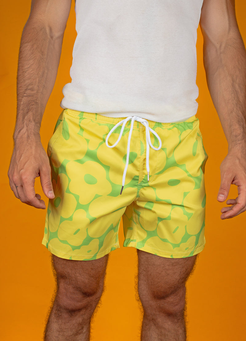 Lime Green Retro Flower Swim Trunks