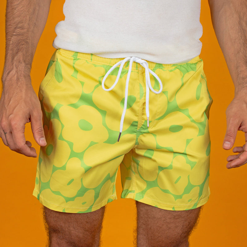 Lime Green Retro Flower Swim Trunks