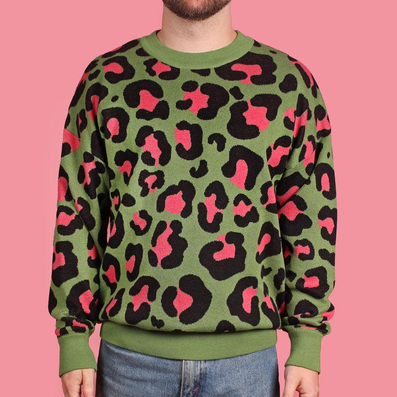 Green & Pink Leopard Knit Sweater