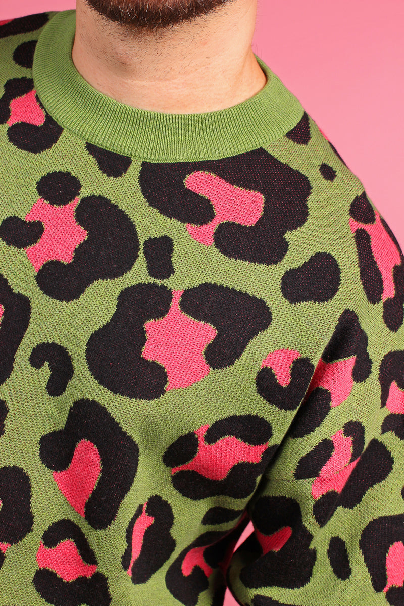 Green & Pink Leopard Knit Sweater