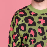 Green & Pink Leopard Knit Sweater