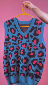 Blue & Pink Leopard Print Knit Sweater Vest