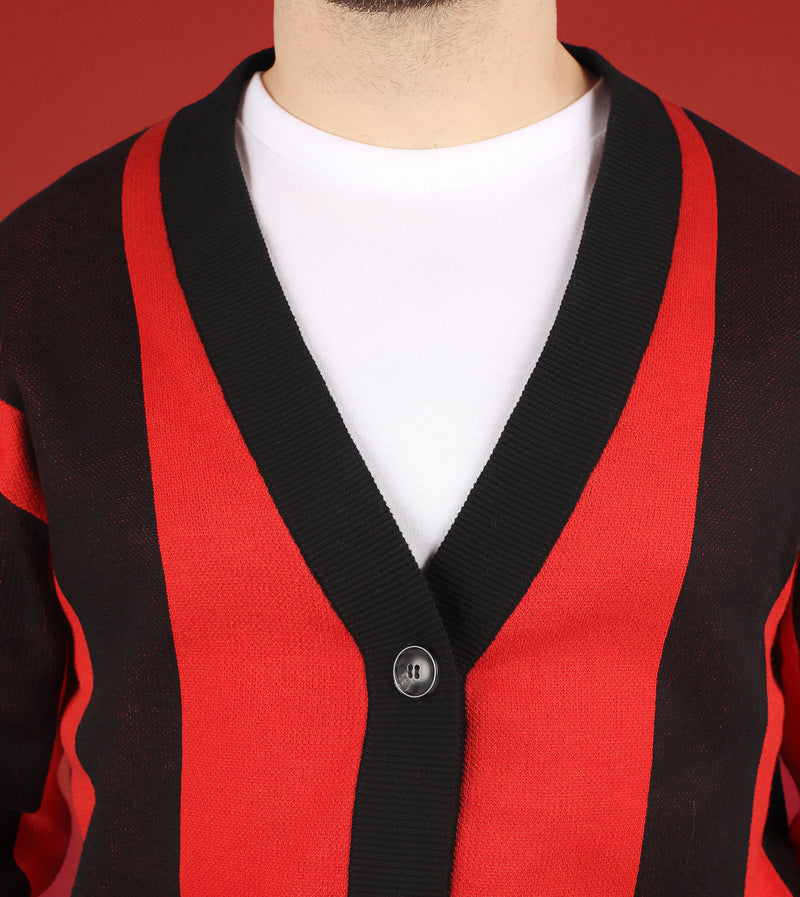 Red & Black Striped Knit Cardigan