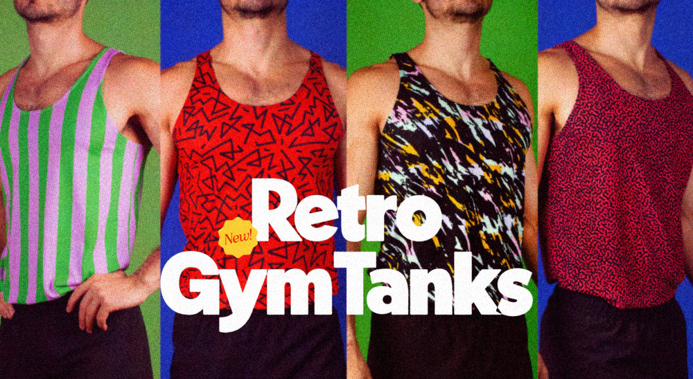 Retro style weightlifting gym tank tops in vintage patterns