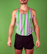 muscular man wearing a striped gym tank top front