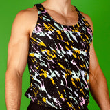 muscular man wearing a retro pattern 80's gym tank
