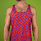 muscular man wearing a warped checker pattern gym tank