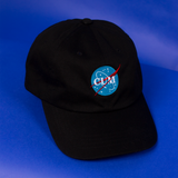 The NASA logo embroidered onto a hat but it says Cum